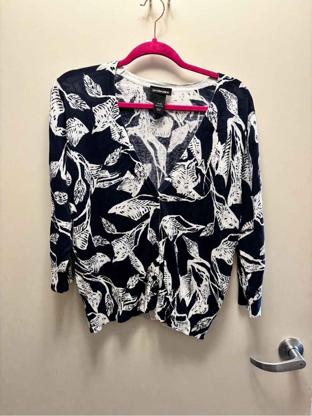 Lane Bryant Navy and White Leaf-Print V-Neck Blouse